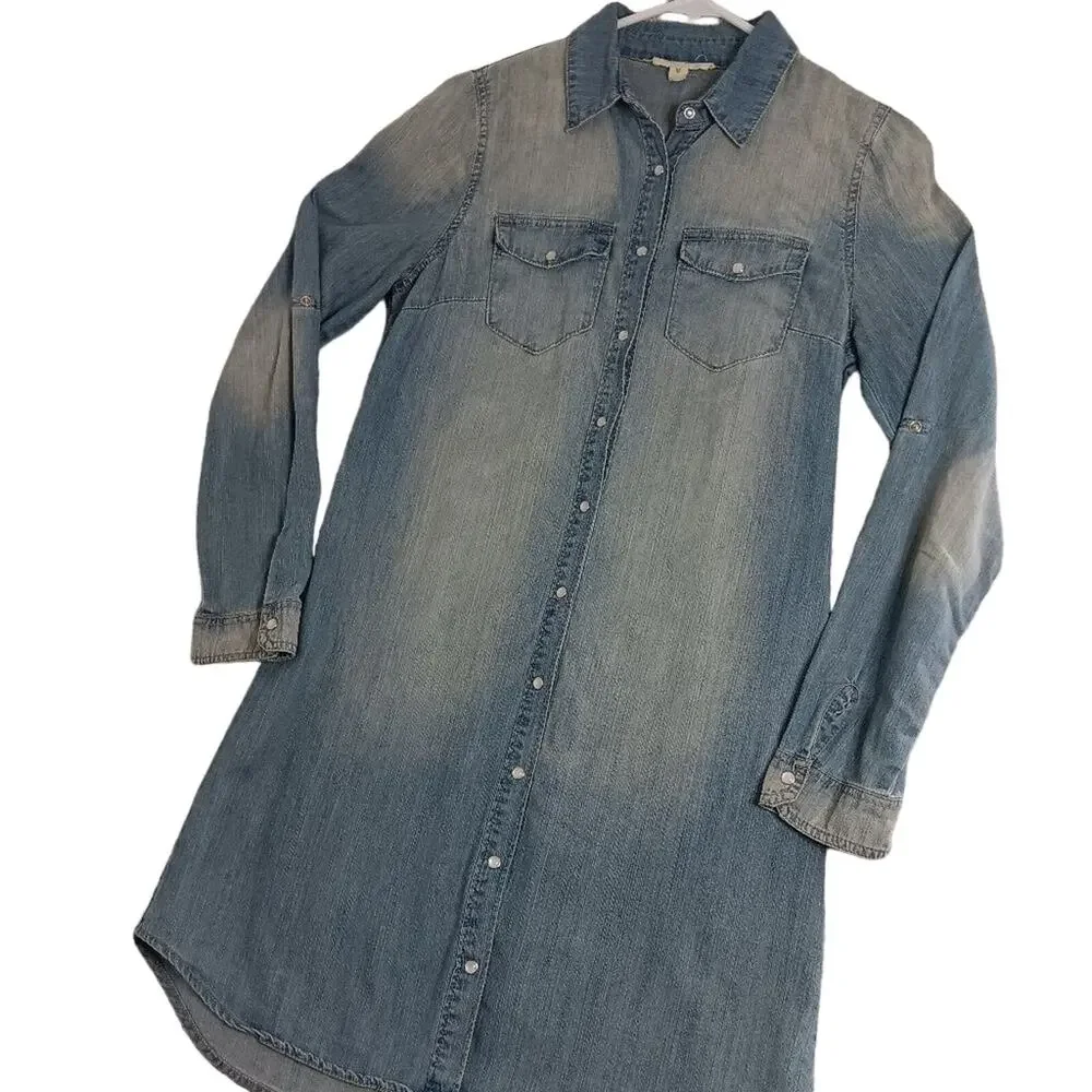 Buddy Basics Vintage Western Denim Dress M Blue Fade Pearl Snap Cowgirl Boho‎